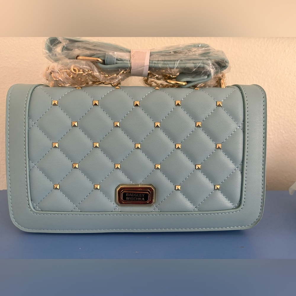 Badgley Mischka Light Blue Quilted Gold Stud Crossbody Handbag NWT